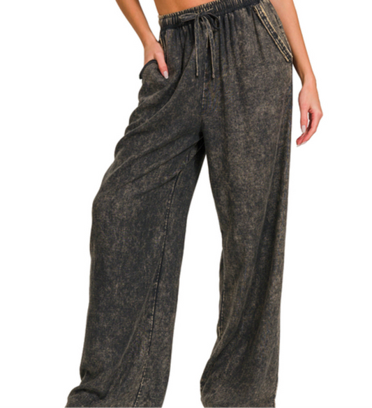 Acid Washed Linen Elastic Band Waist Pants