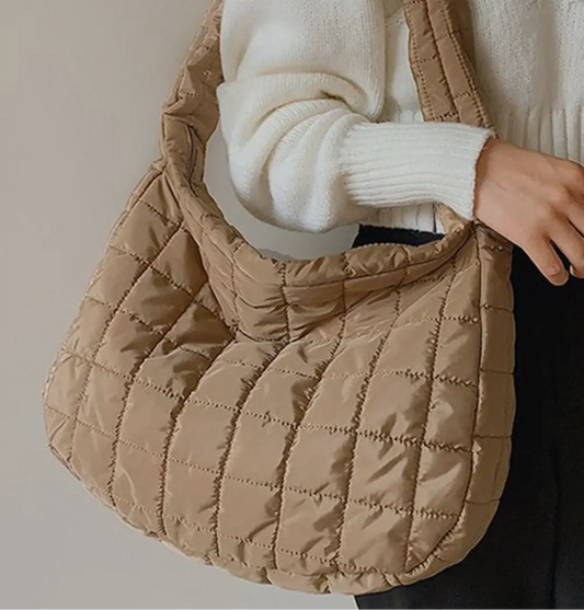 Beige Quilted Zipper Shoulder Bag